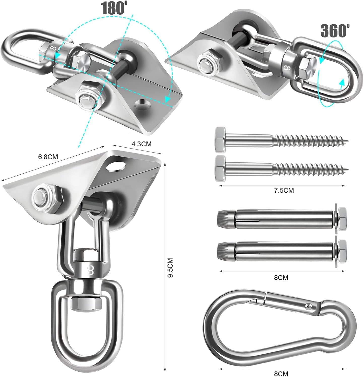 Hammock Hanging Kit,Hanging Chair Hardware 360°Rotating 1000 lb Capacity Hammock Hooks Heavy Duty,Hammock Chair Hanging Kit & Swing Ceiling Hook Snap for Hammock Chair Stand,Seat, Tree,Yoga,Gym(Black)