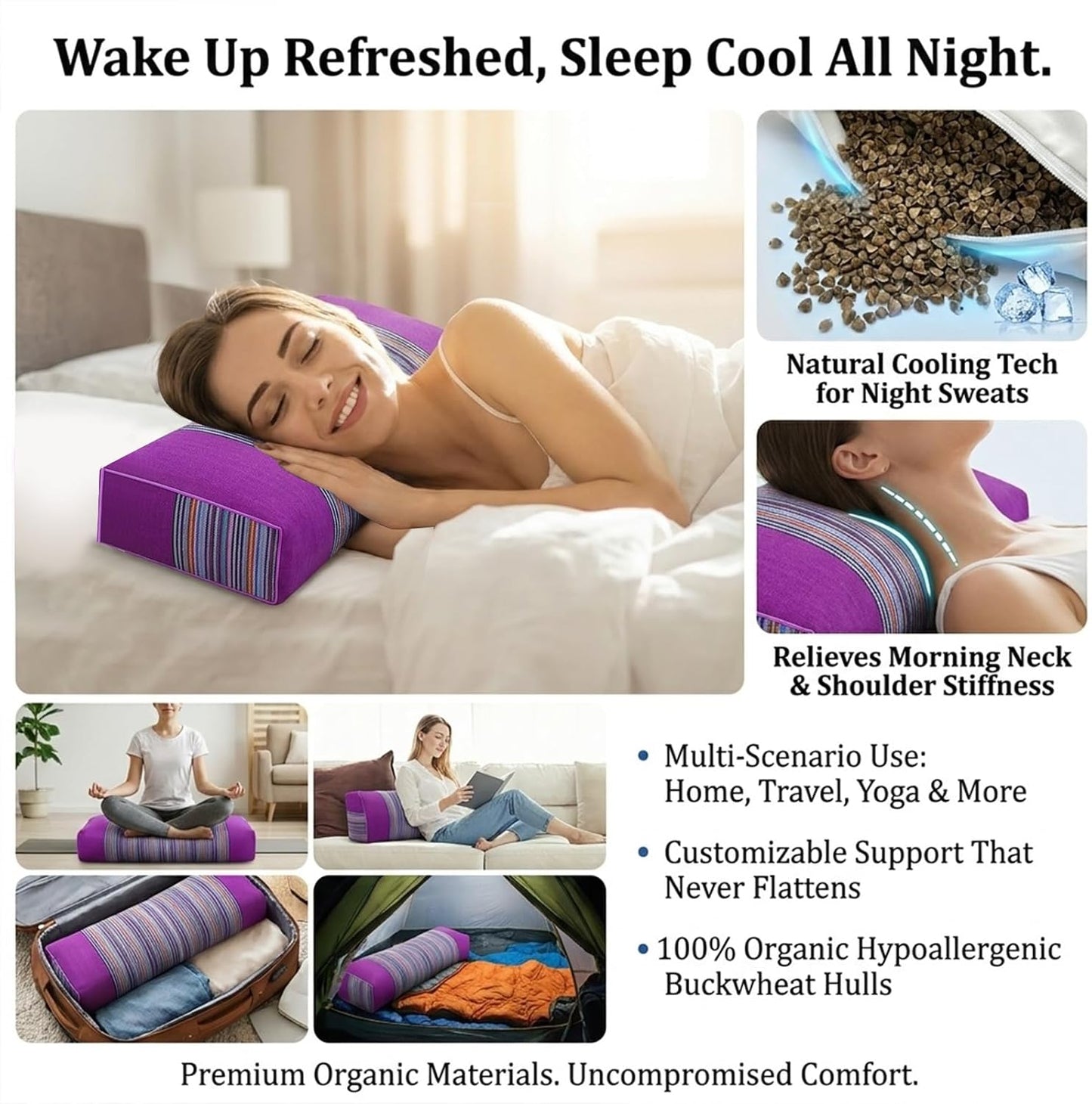 Adjustable Buckwheat Hull Pillow for Neck Pain Relief (21x8x4in) Natural Cooling Cervical Support Organic Pillow for Side & Back Sleepers with Night Sweats (Grey)