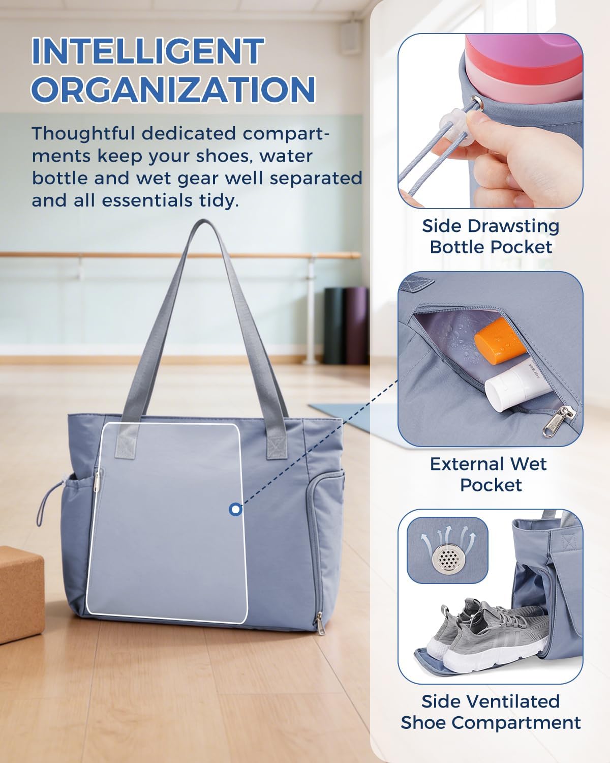 sportsnew Gym Bag for Women, 19L Yoga Mat Bag with Shoe Compartment & Wet Dry Pocket, Gym Tote Bag with Hook-and-loop Yoga Mat Holder, Quick Access Storage, for Workout Travel Pilates Dance