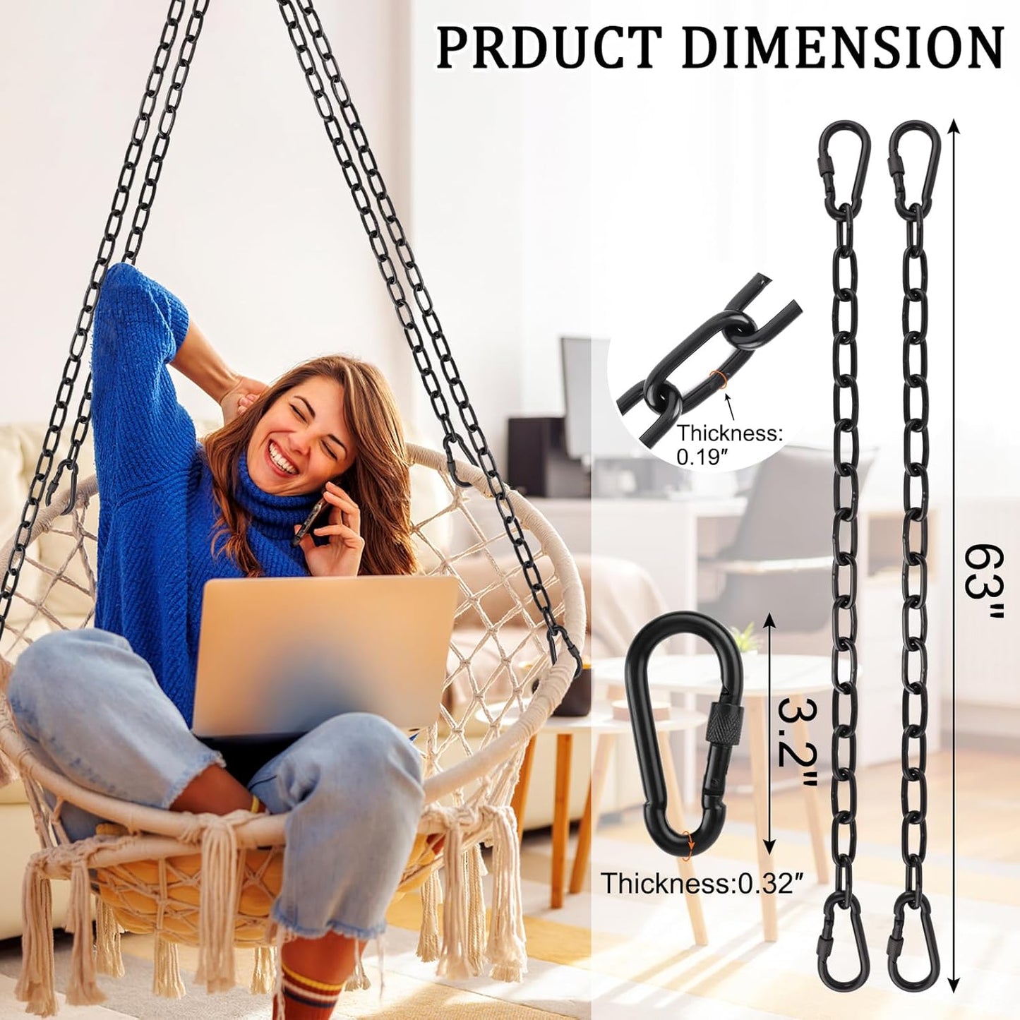 2 Pack 44in Hanging Swing Chain with 4 Carabiners, 660LB Capacity Hanging Kits Heavy Duty Hanging Chair Hardware for Hammock Swing Hanging Chair Punching Bags Sandbag Indoor Outdoor Yoga Gym (Black)
