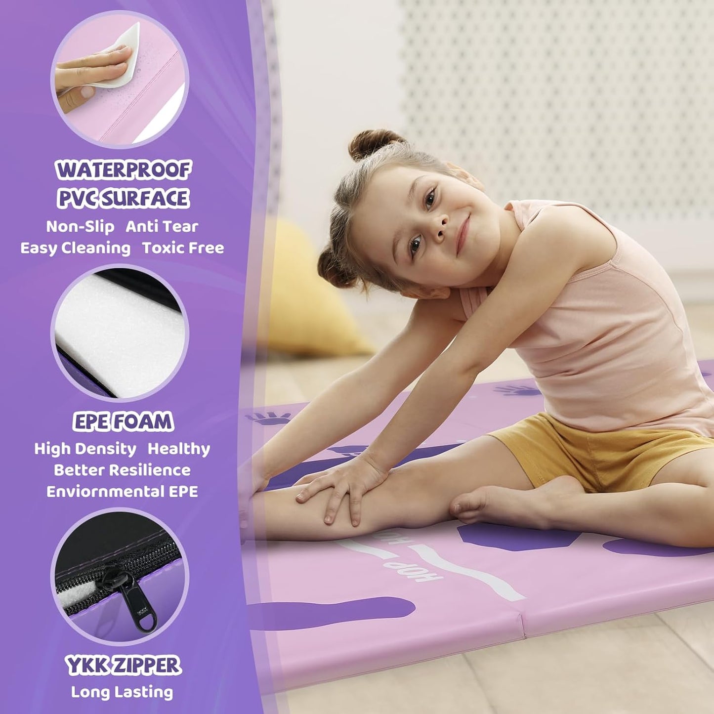 Kangaroo Hoppers Gymnastics Tumbling Mats for Kids, Foldable Gym Mat with Carrying Handles for Home Activity Play