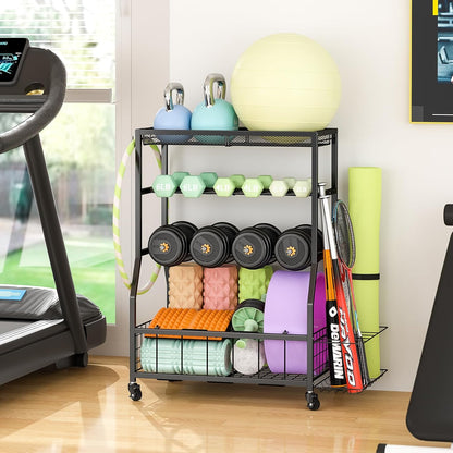 Home Gym Storage Rack, Dumbbell Rack with Yoga Mat Storage, Weight Rack Stand with Lockable Wheels and Hooks, Home Workout Equipment Organizer for Yoga, Dumbbell, Kettlebells, Ball Storage