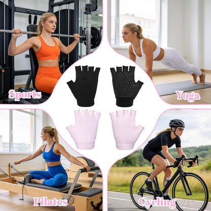 2 Pairs Non Slip Yoga Gloves for Women, Fingerless Pilates Gloves with Grips, Silicone Non Slip Grips for Workout Fitness Exercise (Black and Pink)