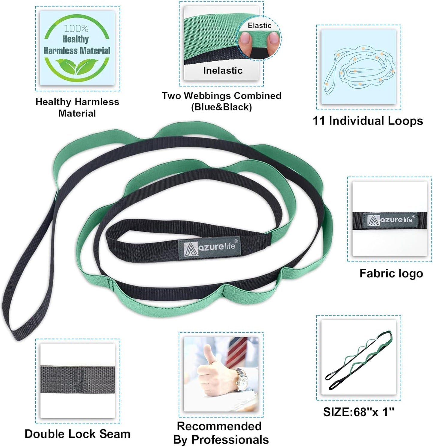 A AZURELIFE Half-Elastic Stretch Straps with 11 Loops, Stretching Strap for Physical Therapy, Multi-Loop Yoga Strap Fitness Exercise Strap for Yoga, Pilates, Dance, Flexibility&Exercise