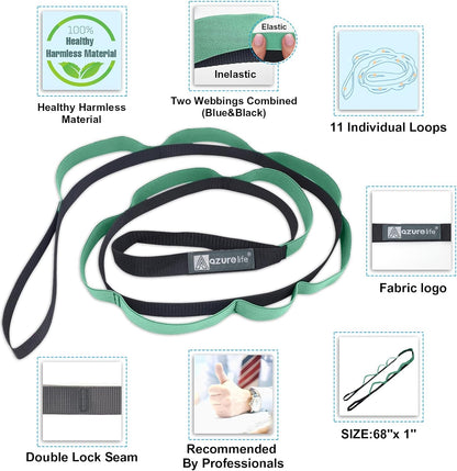 A AZURELIFE Half-Elastic Stretch Straps with 11 Loops, Stretching Strap for Physical Therapy, Multi-Loop Yoga Strap Fitness Exercise Strap for Yoga, Pilates, Dance, Flexibility&Exercise