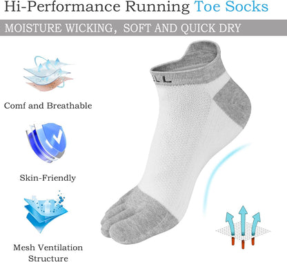 VWELL Cotton Toe Socks Five Finger Socks No Show Crew Athletic Running Socks 4 Pairs,Size 7-11