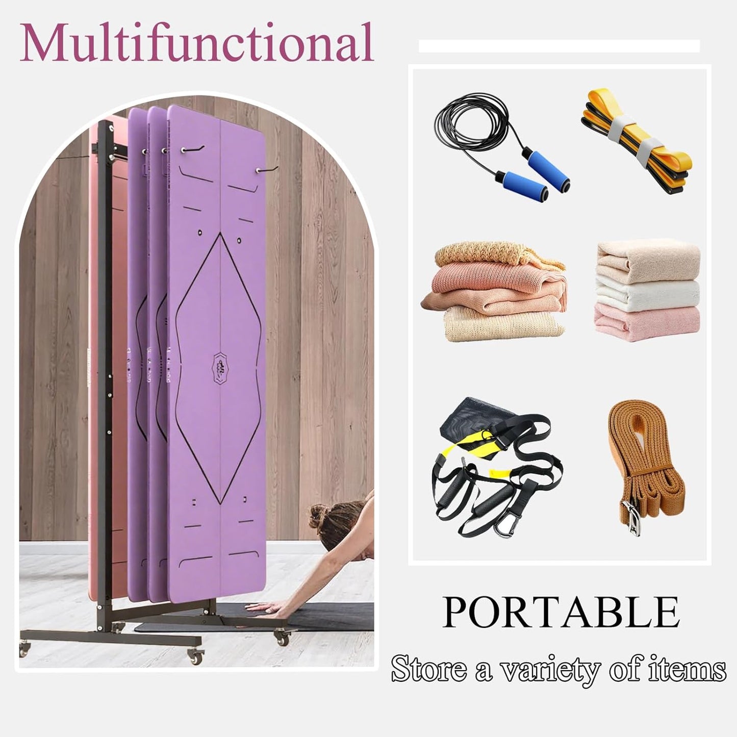 Yoga Mat Storage Rack on Wheels, Metal Yoga Mat Holder with Double Sided Hooks & Punching Tool, Rolling Organizer Cart for Home Gym, Exercise & Fitness Club