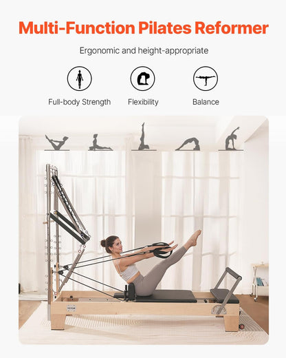 VEVOR Pilates Reformer, Reformer Pilates Machine with Cadillac Trapeze Table or Tower & Mat, Pilates Equipment for Home Workout and Studio, Includes Jump Board，Sitting Box