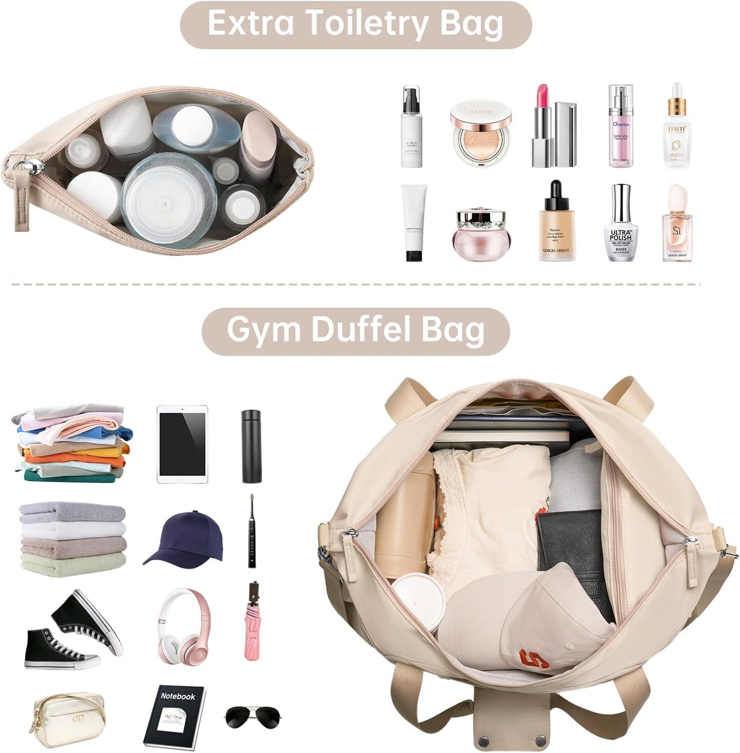 ETRONIK Gym Bag for Women, Personal Item Travel Bag with Shoes Compartment, Weekender Overnight Duffel Bag with Wet Pocket, Carry On Bag for Women, Travel, Gym, Weekend (Beige)