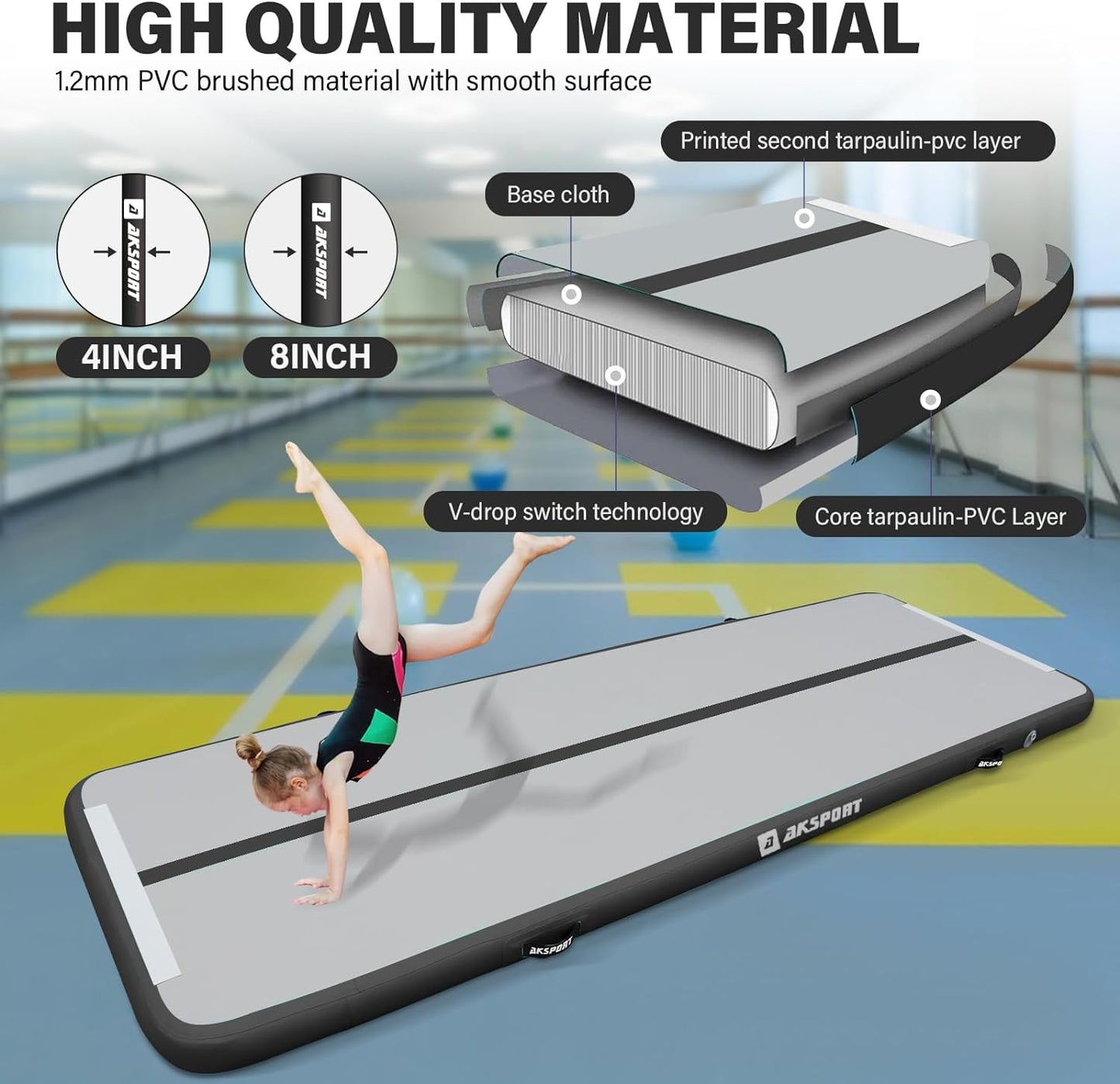 AKSPORT Gymnastics Air Mat Tumble Track Tumbling Mat Inflatable Floor Mats with Air Pump for Home Use/Tumble/Gym/Training/Cheerleading/Parkour/Beach/Park/Water