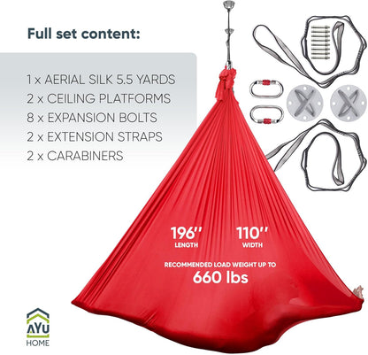 AyuHome Aerial Silks Kit for Home - Premium Yoga Swing for Kids and Adults with 660 lbs Capacity - Versatile Aerial Yoga Hammock for Gymnastics Training
