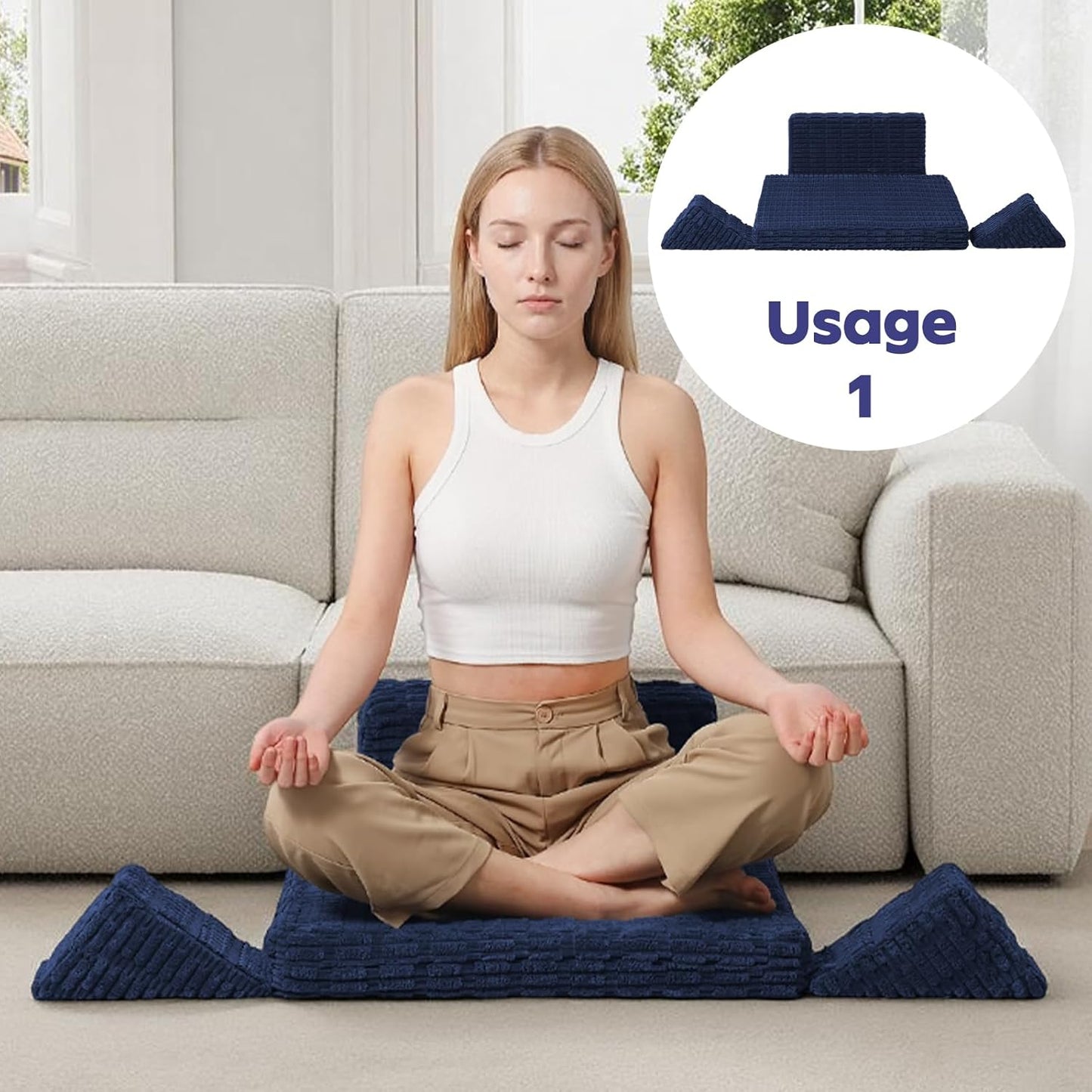 Meditation Cushion Set, Meditation Pillow for Sitting on Floor, Large Yoga Pillow with Knee Support, Washable Zafu Meditation Mat, 3 Shapes Floor Pillow for Adults, Dark Grey
