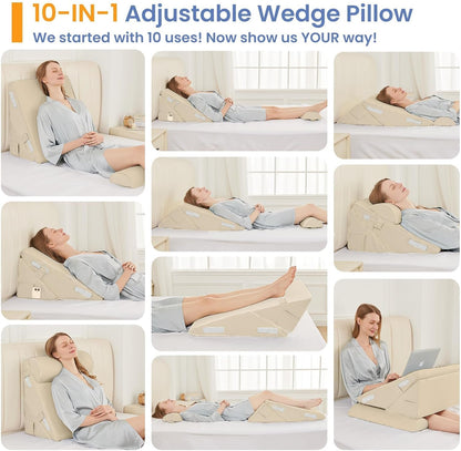 Sasttie Wedge Pillow Set for After Surgery, 2PCS Adjustable Bed Wedge Pillow Headboard with Memory Foam Neck Cushion – for Acid Reflux, Sleeping, Neck & Back Support, Dark Grey