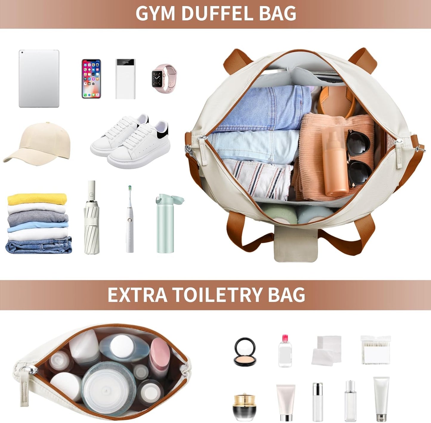 ETRONIK Gym Bag for Women, Personal Item Travel Bag with Shoes Compartment, Weekender Overnight Duffel Bag with Wet Pocket, Carry On Bag for Women, Travel, Gym, Weekend (Beige)