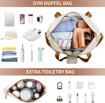ETRONIK Gym Bag for Women, Personal Item Travel Bag with Shoes Compartment, Weekender Overnight Duffel Bag with Wet Pocket, Carry On Bag for Women, Travel, Gym, Weekend (Beige)
