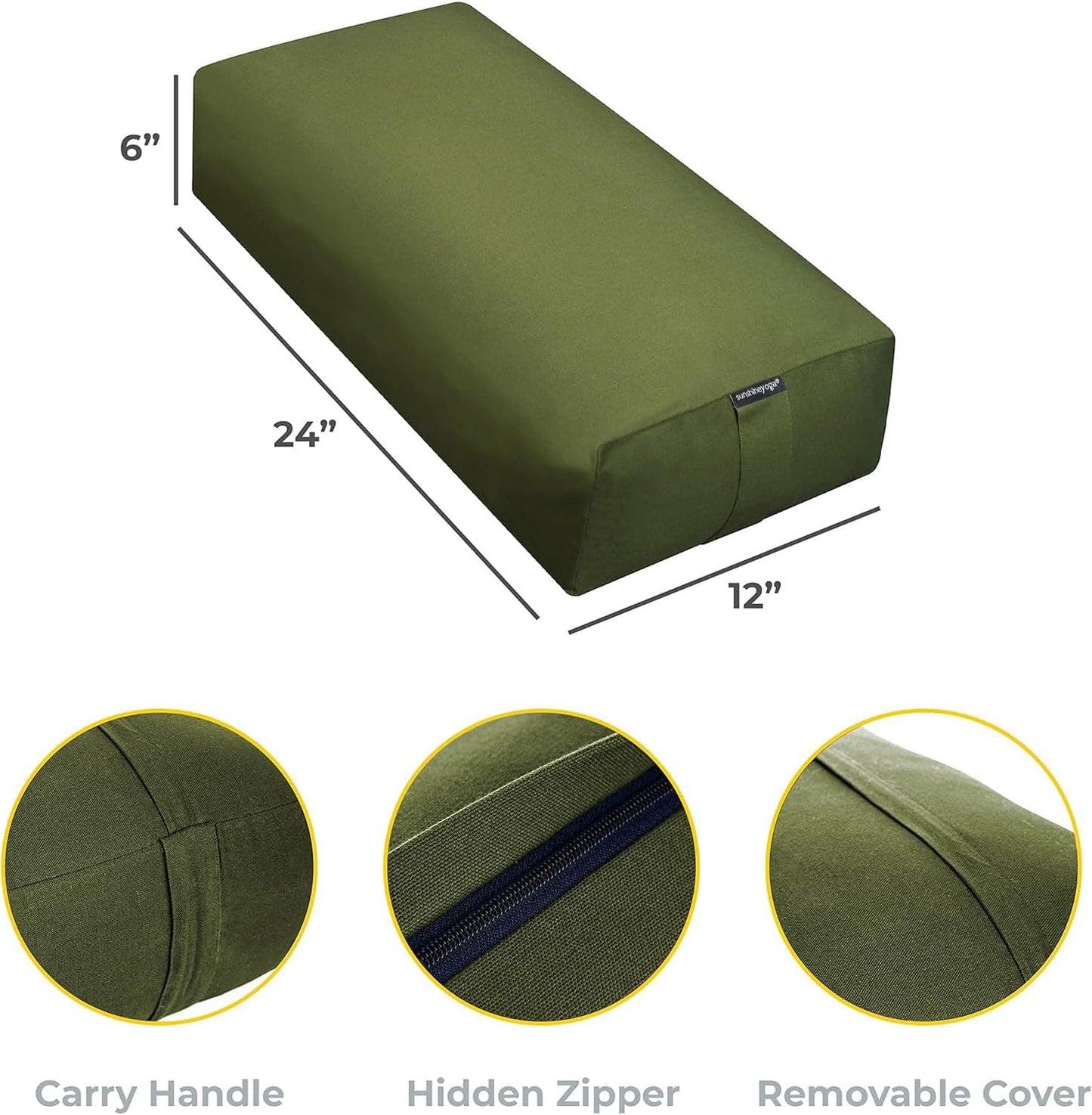 Extra Firm Large Yoga Bolster, 24" x 12" x 6" Cinched OR Zippered Yoga Pillow, Rectangular Cotton Cushion With Removable Cover for Studios, 1 Pack or 2 Pack