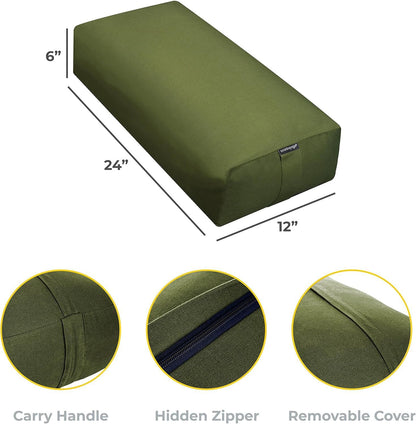 Extra Firm Large Yoga Bolster, 24" x 12" x 6" Cinched OR Zippered Yoga Pillow, Rectangular Cotton Cushion With Removable Cover for Studios, 1 Pack or 2 Pack