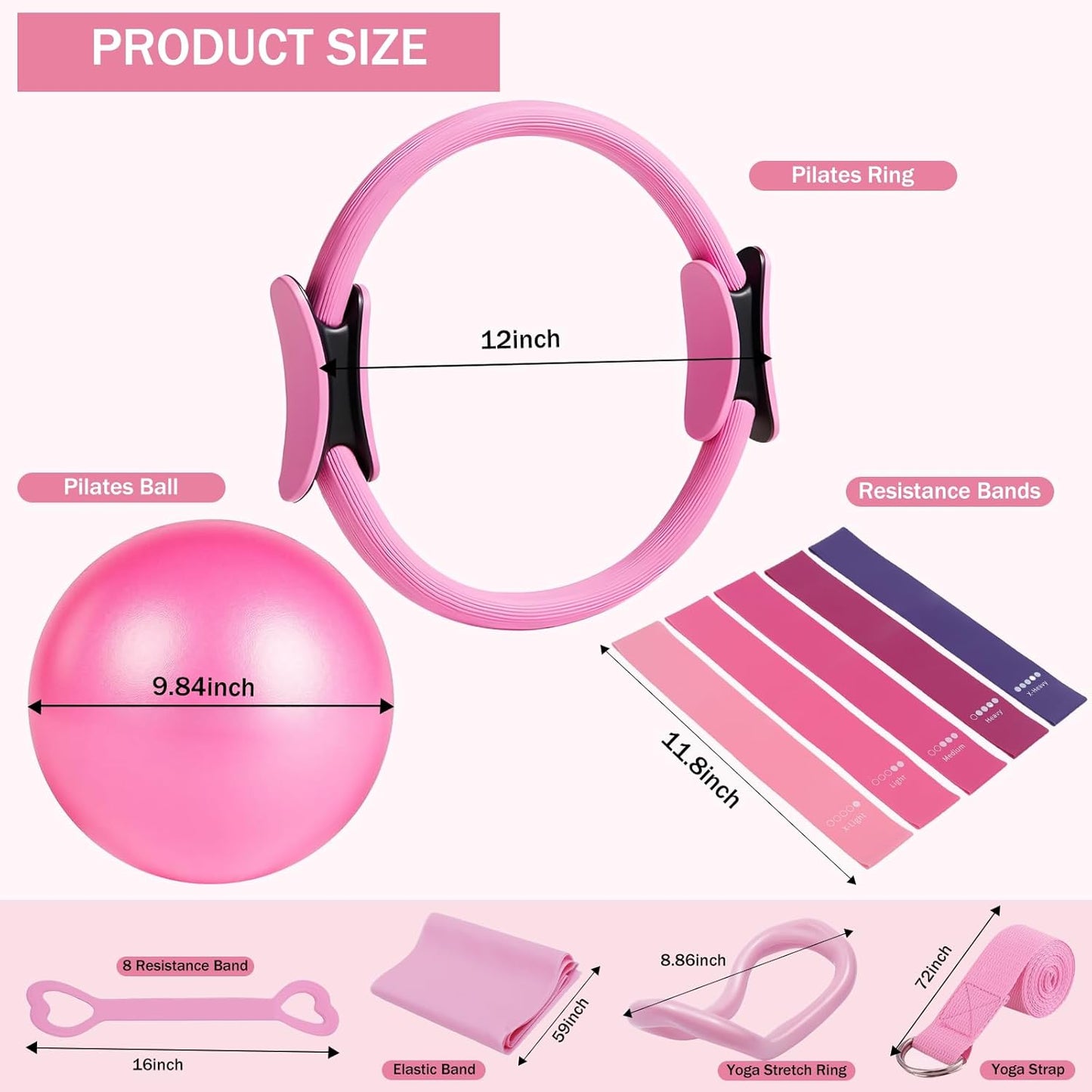 Home Pilates Essentials Kit for Women Pink Ring and Ball Pilates Set Equipment, Magic Circle with 5 Resistance Bands Premium Accessories Kits for Starter Toning Workouts at Home