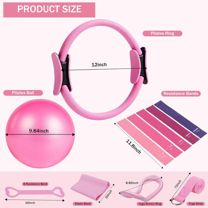Home Pilates Essentials Kit for Women Pink Ring and Ball Pilates Set Equipment, Magic Circle with 5 Resistance Bands Premium Accessories Kits for Starter Toning Workouts at Home