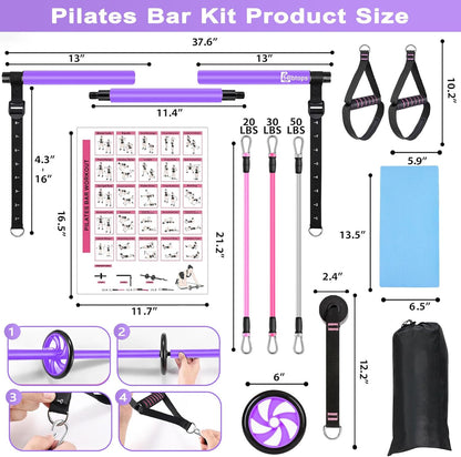 BBTOPS Pilates Bar Kit with Resistance Bands,Ab Roller,2 in 1 Foot Strap & Handle,Door Anchor Pilates Equipment with Resistance Bands, Portable Home Gym Yoga Fitness Bar for Women & Men