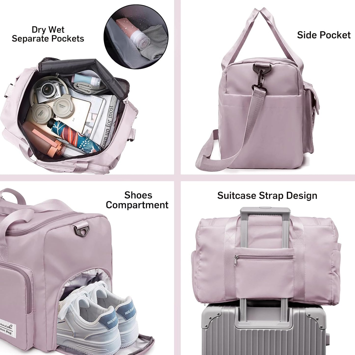 Suruid Travel Yoga Duffel Bag with Shoes Compartment Sports Gym Handbag with Dry Wet Separated Pocket for Training Men and Women, Overnight /Weekender Bag - Pink