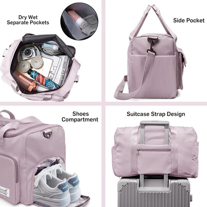 Suruid Travel Yoga Duffel Bag with Shoes Compartment Sports Gym Handbag with Dry Wet Separated Pocket for Training Men and Women, Overnight /Weekender Bag - Pink