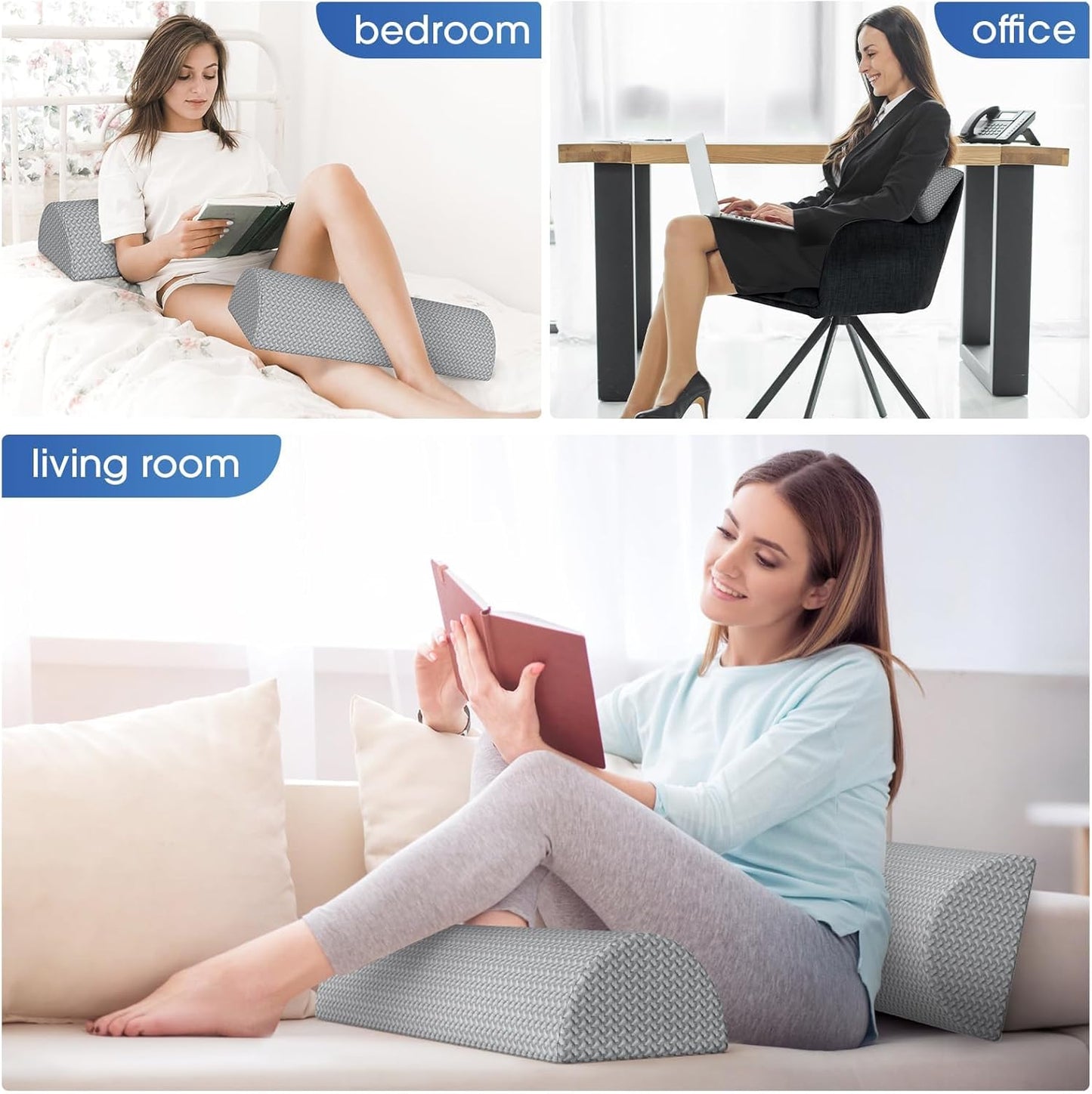 TranquilRelax Knee Pillow for Back Sleeping Memory Foam Half Moon Bolster Pillow for Legs, Under Knee Support, Ankle & Foot Comfort Orthopedic Pillow for Side Sleepers (Grey, 20.4" x 8" x 4.9")