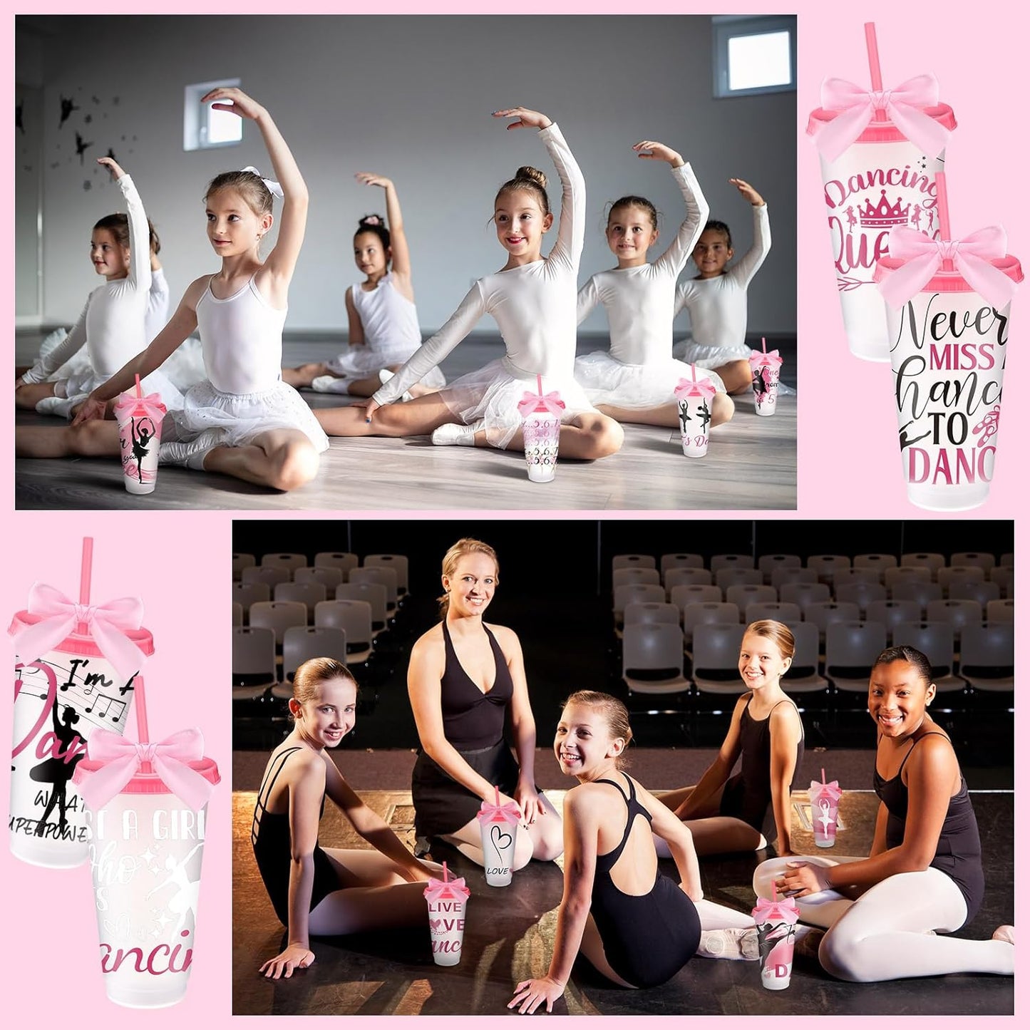 Geyoga 12 Pcs Yoga Dancer Appreciation Gifts Bulk for Women 24 oz Plastic Ballet Dance Reusable Tumbler Cup with Lid Straw Ribbon Bow for Dancer Team Gift Performance Competition Birthday Party Favor