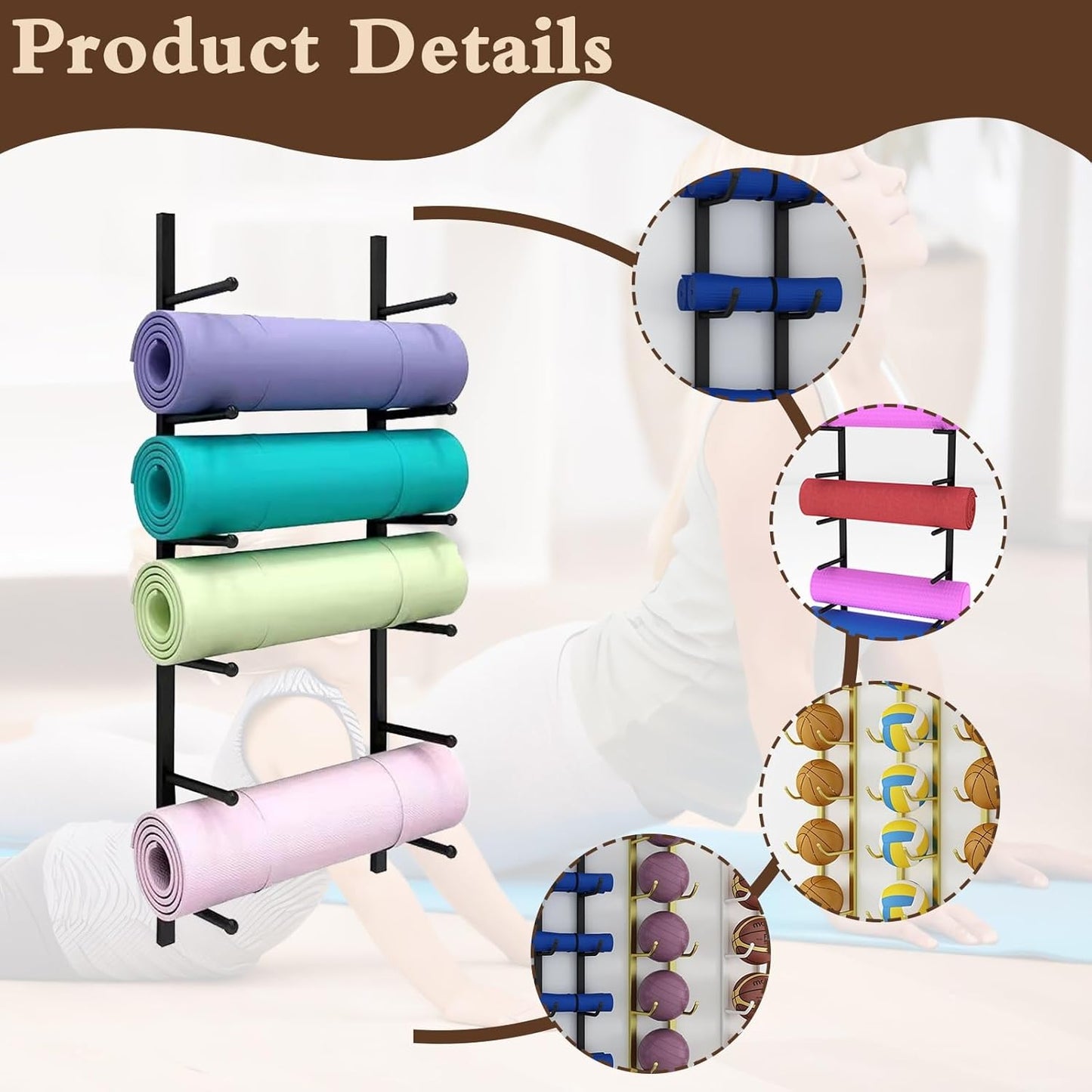 Yoga Mat Storage Rack, Wall Mounted Yoga Mat Holder, Large Capacity Storage Shelf, Multi-layer Storage, Home Hanging Storage Racks, Suitable for Home, Yoga Studio, Gym, School(Black,3-Tier)