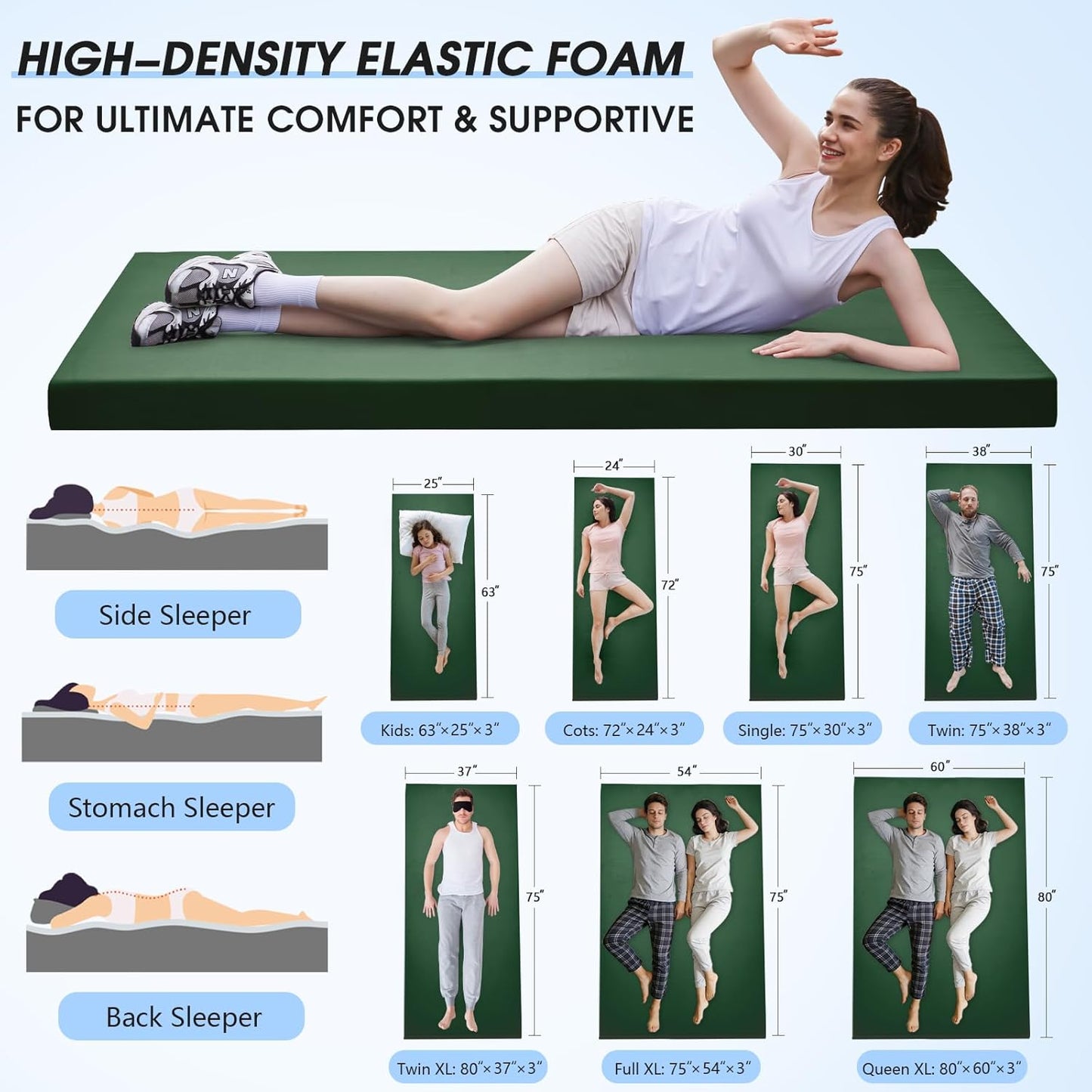 CYMULA Memory Foam Camping Mattress Pad,3inch Sleeping Pad for Camping,Non-Slip Bottom Floor Cot Car Mattress Bed with Retaining Portable Roll up Mattress Pad Mat for Travel Truck Guest Bed Tent