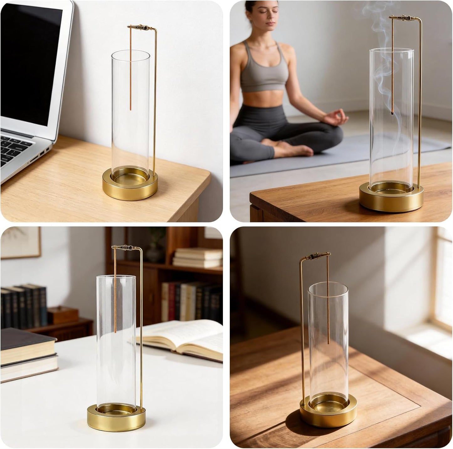 Incense Holder for Sticks, Anti-Ash Flying Incense Burner with 30 Incense Sticks, Detachable Glass Ash Catcher (Wood, Brown)