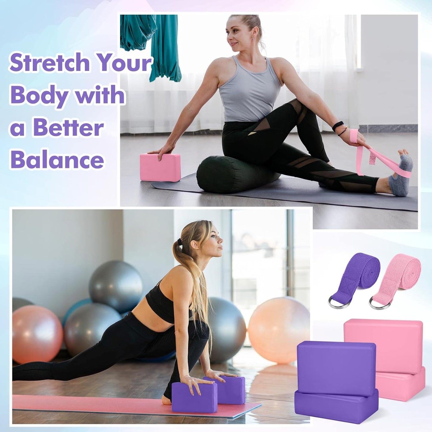 Jexine 6 Pcs Yoga Block and Strap Set 4 Pcs 9 x 6 x 3 Inches EVA Foam Pilates Block 2 Pcs Cotton Yoga Strap for Beginners Experienced Pilates Fitness Stretching