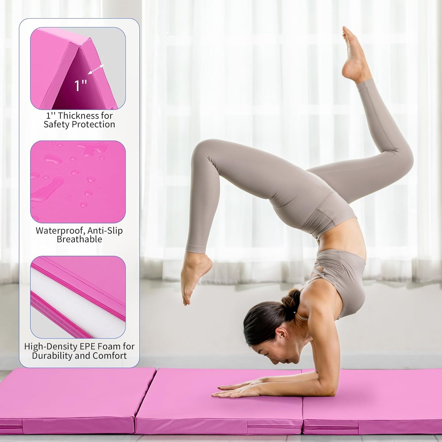 Outdoor Basic 6'x3'x2'' Gymnastics Mats Portable 4-Fold Tumbling Mat Thick Yoga Mat with PU Leather & Carry Handle for Home Workout, Yoga, MMA Core Training, Pilates