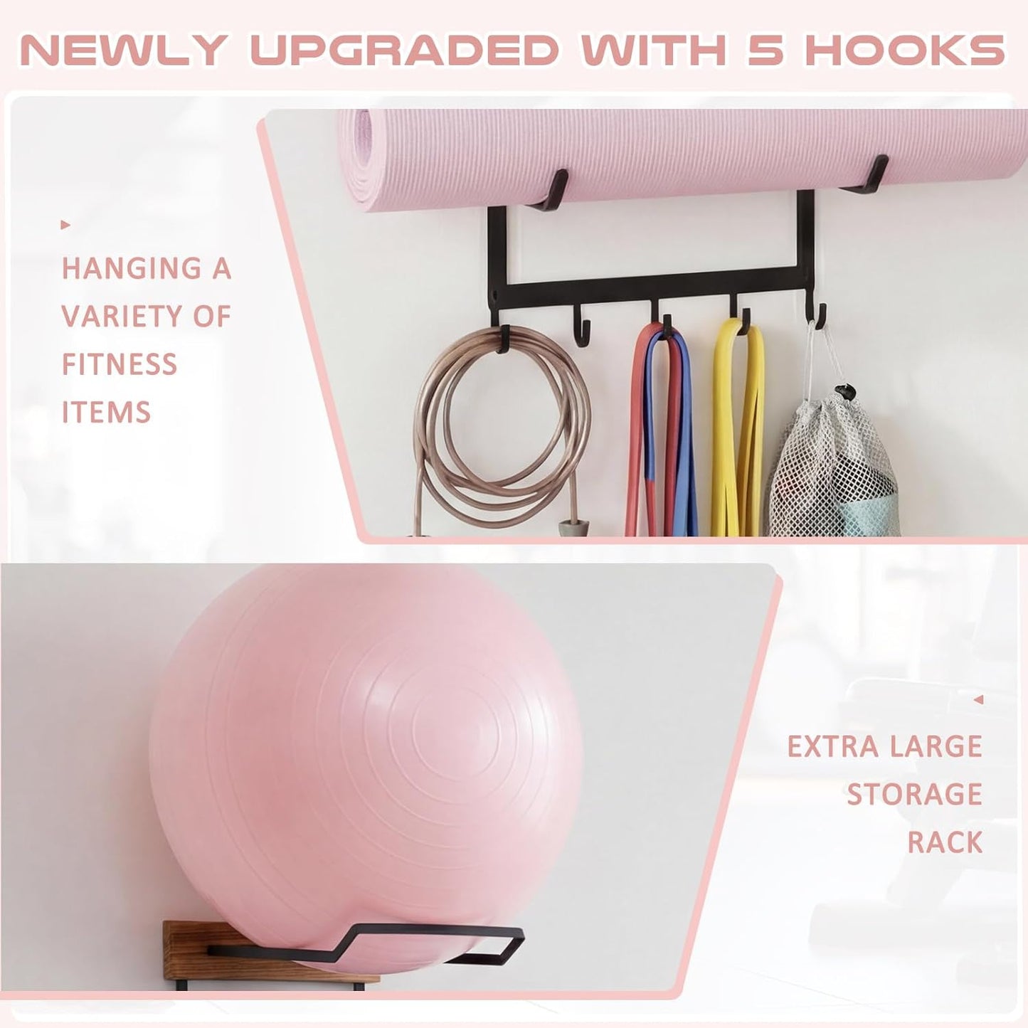 Geelin Yoga Mat and Ball Holder Wall Mount, 4-Tier Yoga Mat & Ball Storage Rack, Home Gym Organizer, Black Metal Floating Shelf for Hanging Foam Rollers & Resistance Bands(5 Hooks Style,Wood Color)