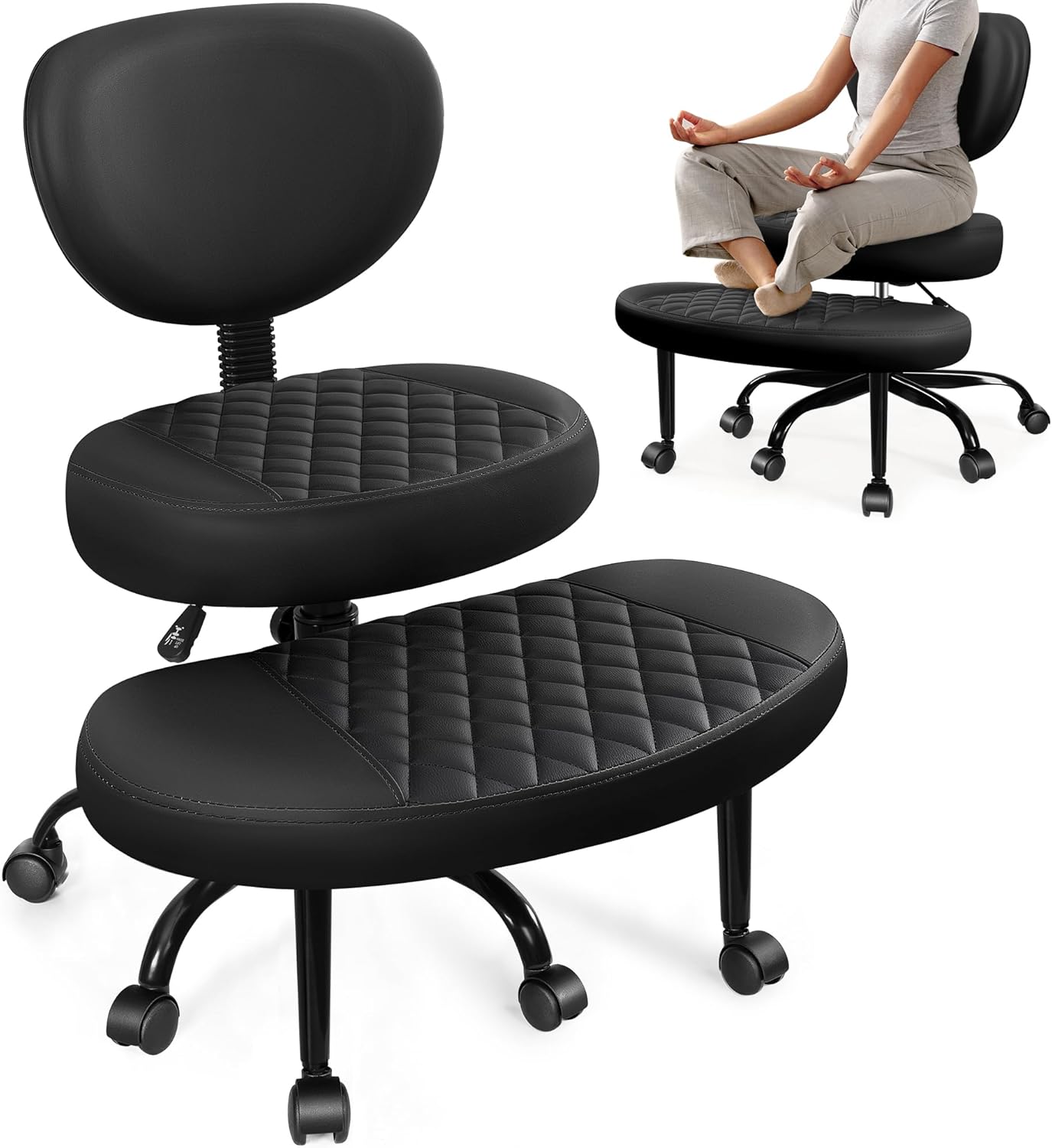 AtHope Ergonomic Cross Legged Office Chair with Wheels - Adjustable Height for Meditation, ADHD Desk & Yoga - Wide Criss Cross Design with Lumbar Support, Kneeling Chair - Black