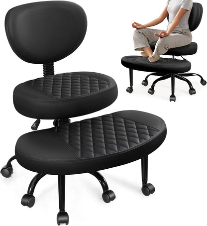 AtHope Ergonomic Cross Legged Office Chair with Wheels - Adjustable Height for Meditation, ADHD Desk & Yoga - Wide Criss Cross Design with Lumbar Support, Kneeling Chair - Black