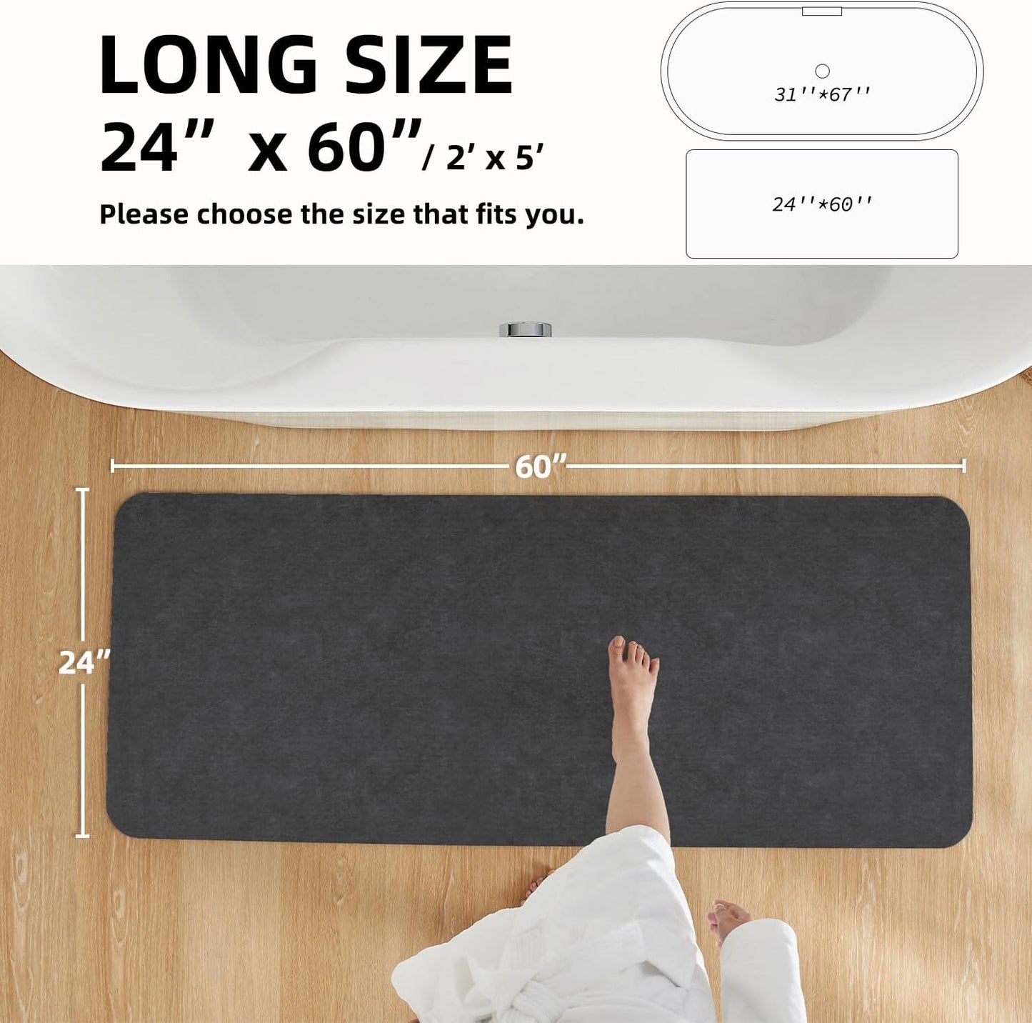 TYUU Bath Mat, Bathroom Rugs Non Slip Washable Thin Absorbent Quick Dry Bath Mat Fits Under Door Bathroom Floor Mat Perfect for Bath, Shower, or Sink 24"x36" Dark Grey