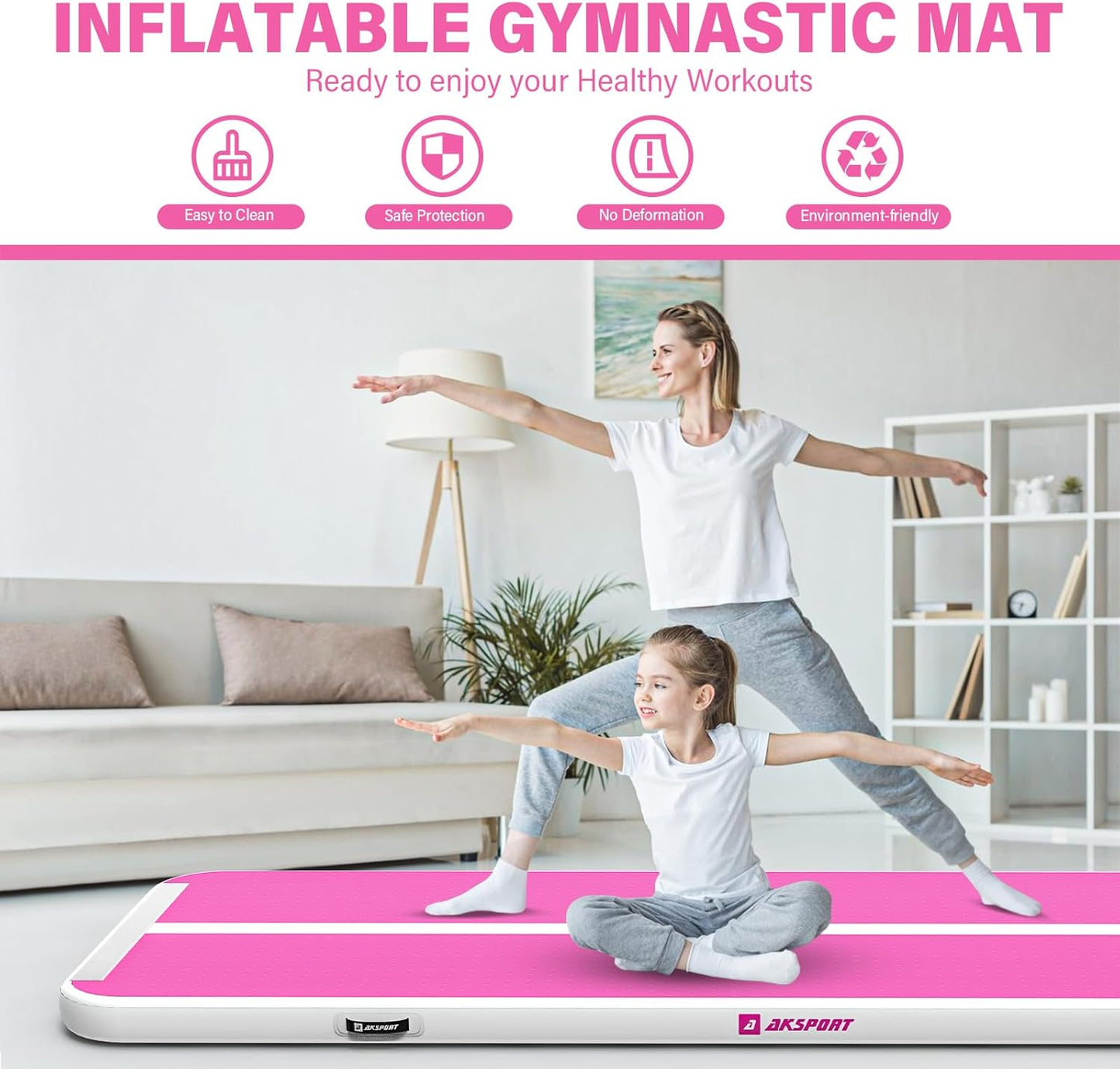 AKSPORT Gymnastics Air Mat Tumble Track Tumbling Mat Inflatable Floor Mats with Air Pump for Home Use/Tumble/Gym/Training/Cheerleading/Parkour/Beach/Park/Water