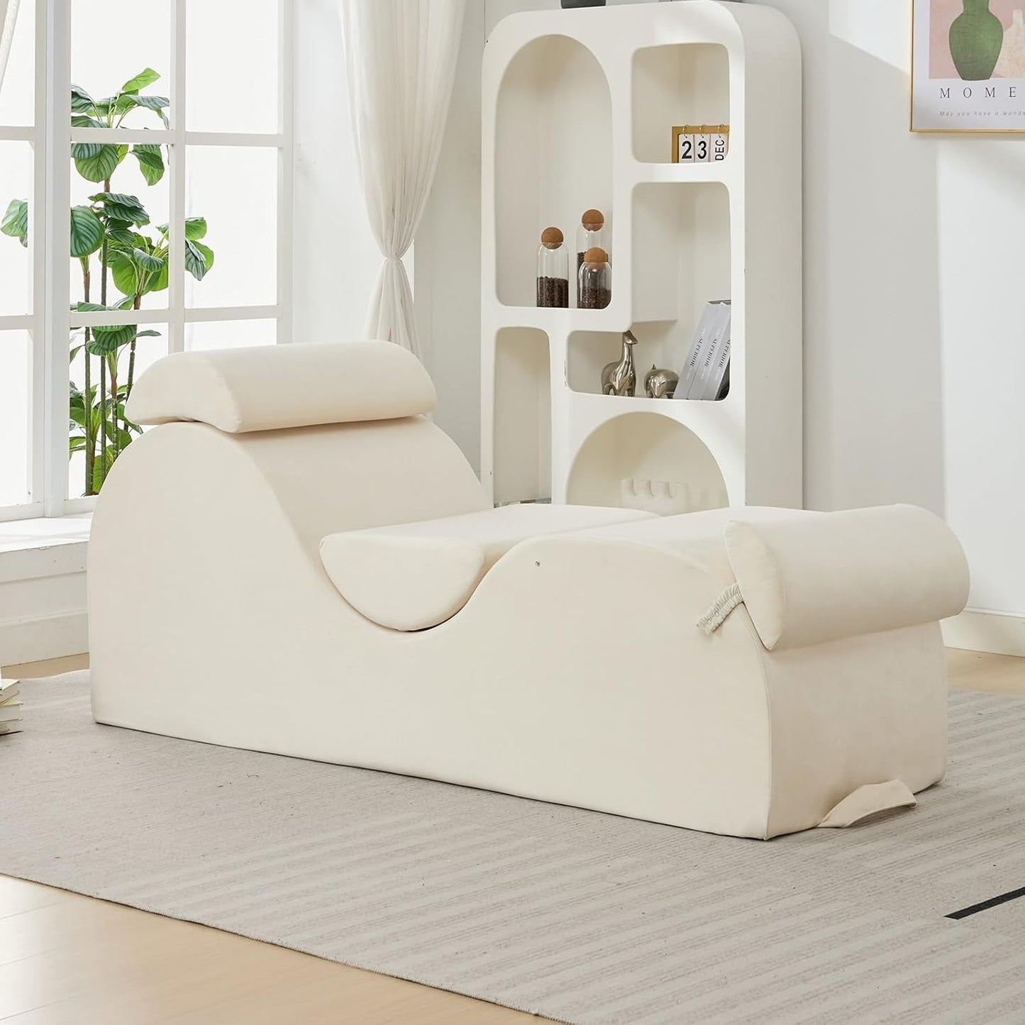 ijuicy 25 Inch Home Stretch Yoga Chair, Velvet Fitness Yoga Chaise Lounge Chair Indoor, Yoga Training Reliner with Adjustable Footrest & Headrest, Light Grey