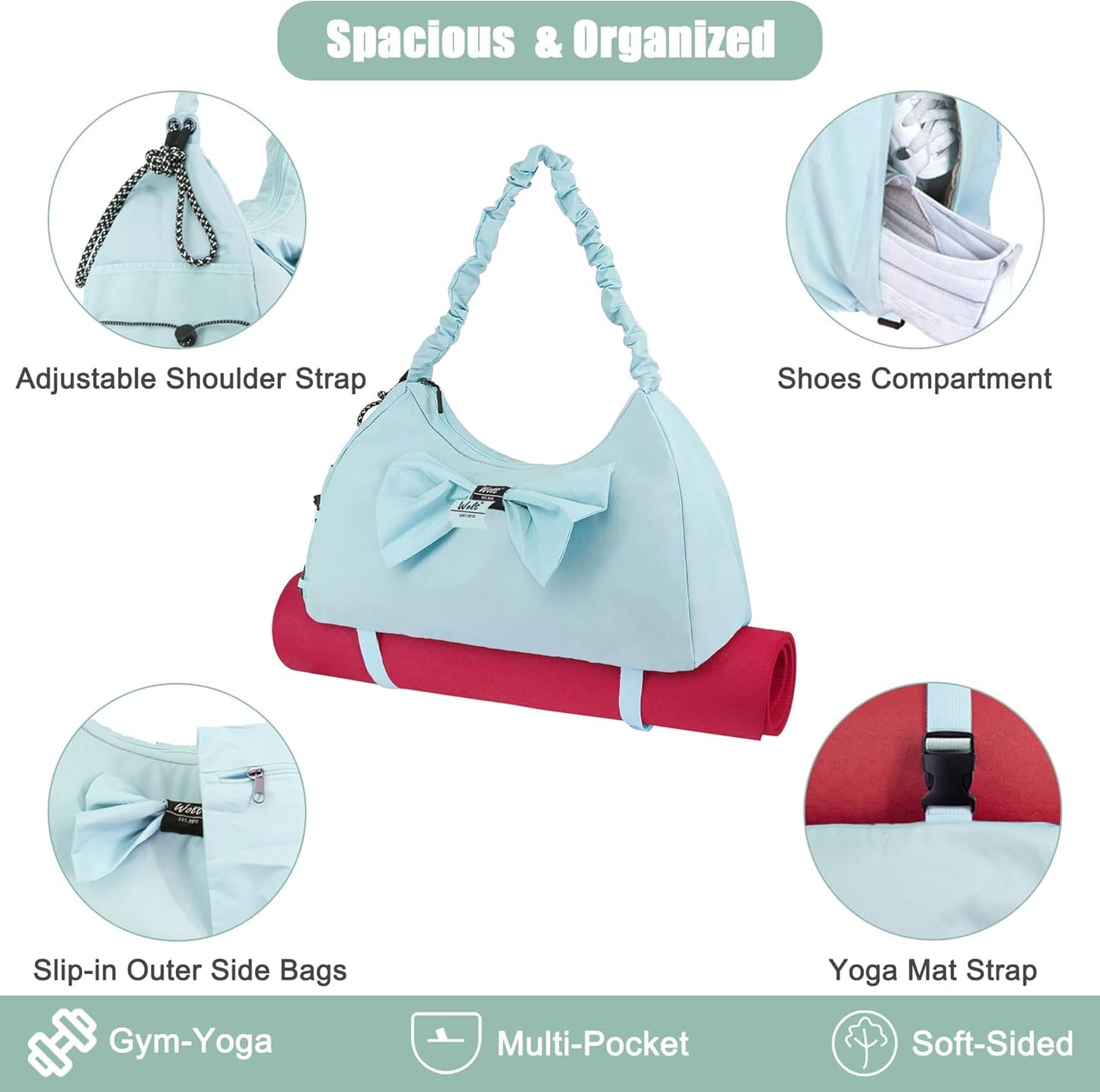 WOLT Gym Bag For Women, Yoga Mat Bag with Shoes Compartment, Wet Pocket and Water Bottle Pocket