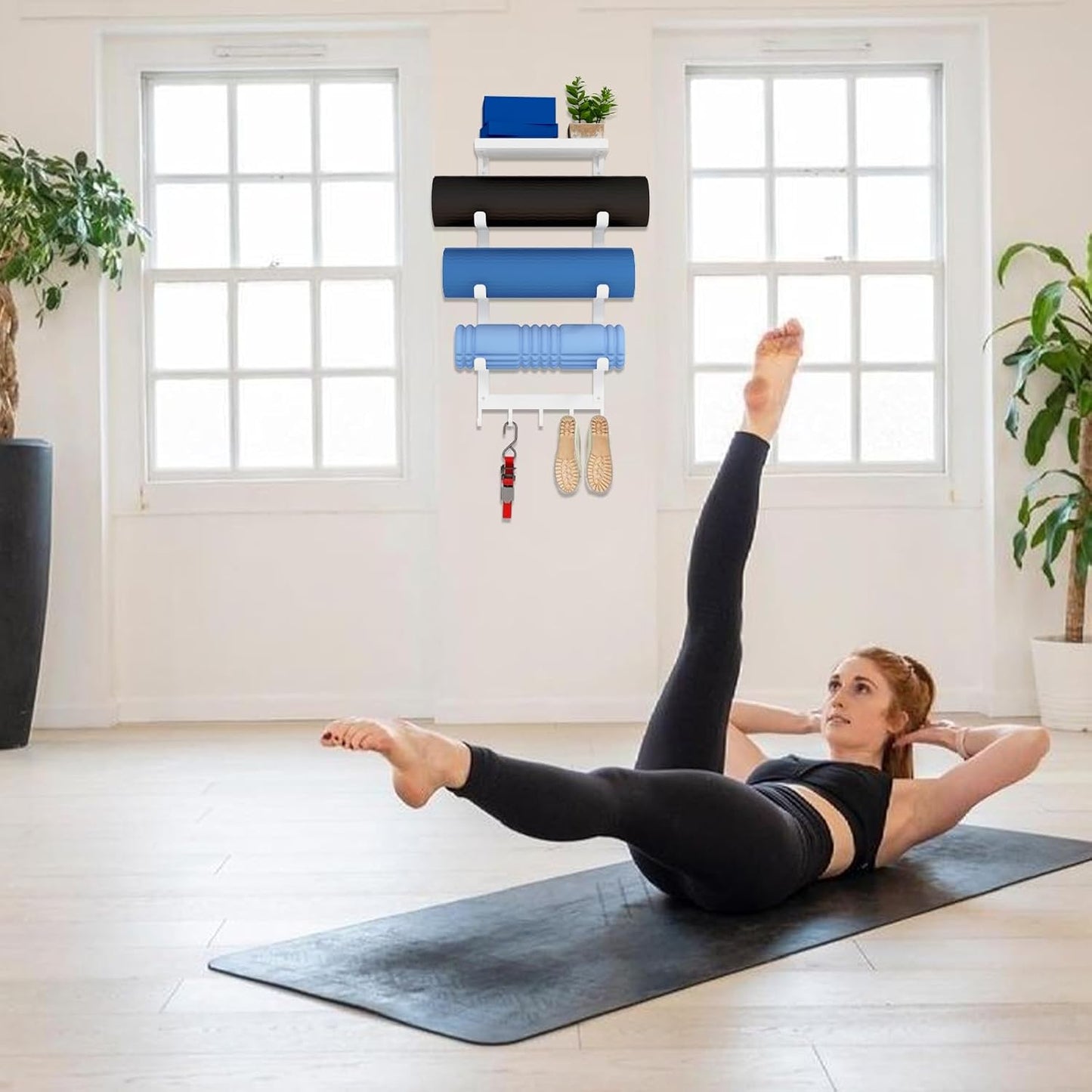 LSK Yoga Mat Holder Wall Mount, Black Yoga Mats Storage Rack, Home Gym Storage with Metal Floating Shelf for Storing Fitness, Yoga Mat Rack with 5 Hooks for Hanging Foam Rollers and Resistance Bands