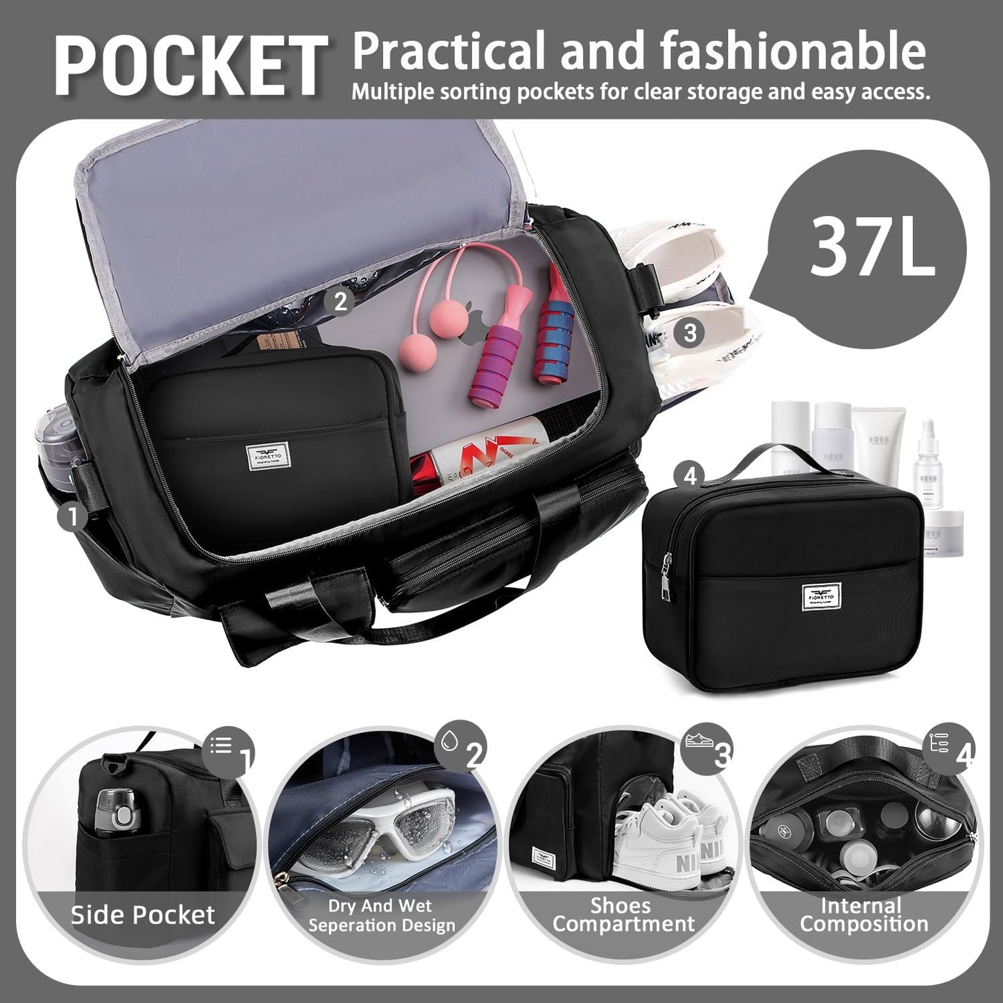 FIORETTO Women's Gym Duffle Bag with Shoes Compartment, 30L Capacity, Ideal for Travel, Gym, Sports, Duffel, Weekender