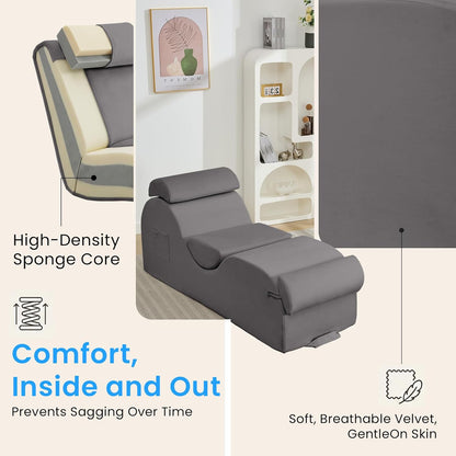 ijuicy 25 Inch Home Stretch Yoga Chair, Velvet Fitness Yoga Chaise Lounge Chair Indoor, Yoga Training Reliner with Adjustable Footrest & Headrest, Light Grey