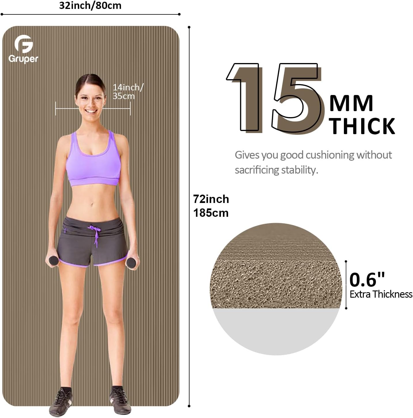 Gruper Yoga Mat Non Slip NBR Extra Thick Yoga Mat, 72"L x 32"/24"W x 0.6"/0.4"TH (185cm x 80cm/61cm x 15mm/10mm), Anti-Tear Exercise Mat with Carrying Strap and Bag, Workout Mats for Yoga, Pilates