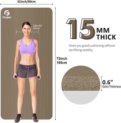 Gruper Yoga Mat Non Slip NBR Extra Thick Yoga Mat, 72"L x 32"/24"W x 0.6"/0.4"TH (185cm x 80cm/61cm x 15mm/10mm), Anti-Tear Exercise Mat with Carrying Strap and Bag, Workout Mats for Yoga, Pilates