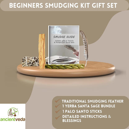 Ancient VEDA Organic Smudge Kit – Yerba Santa, Palo Santo, Sweetgrass Braid, Feather & Smudge Guide | Home Cleansing Kit for Meditation, Yoga, Energy Healing & Gift (Starter Kit, Yerba Santa Sage)