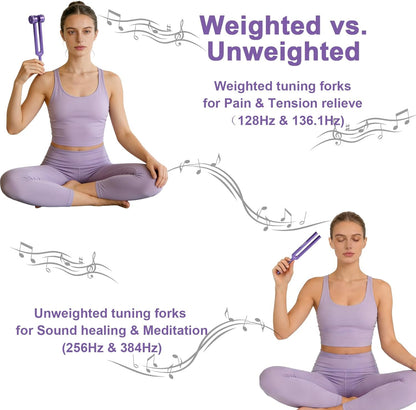 Tuning Forks for Healing Set - Includes 4 Frequency Tuning Forks (128Hz, 136.1Hz, 256Hz, 384Hz) and Reflex Hammer, Sound Healing Instruments for Chakra Sound Therapy, Yoga & Meditation Accessories