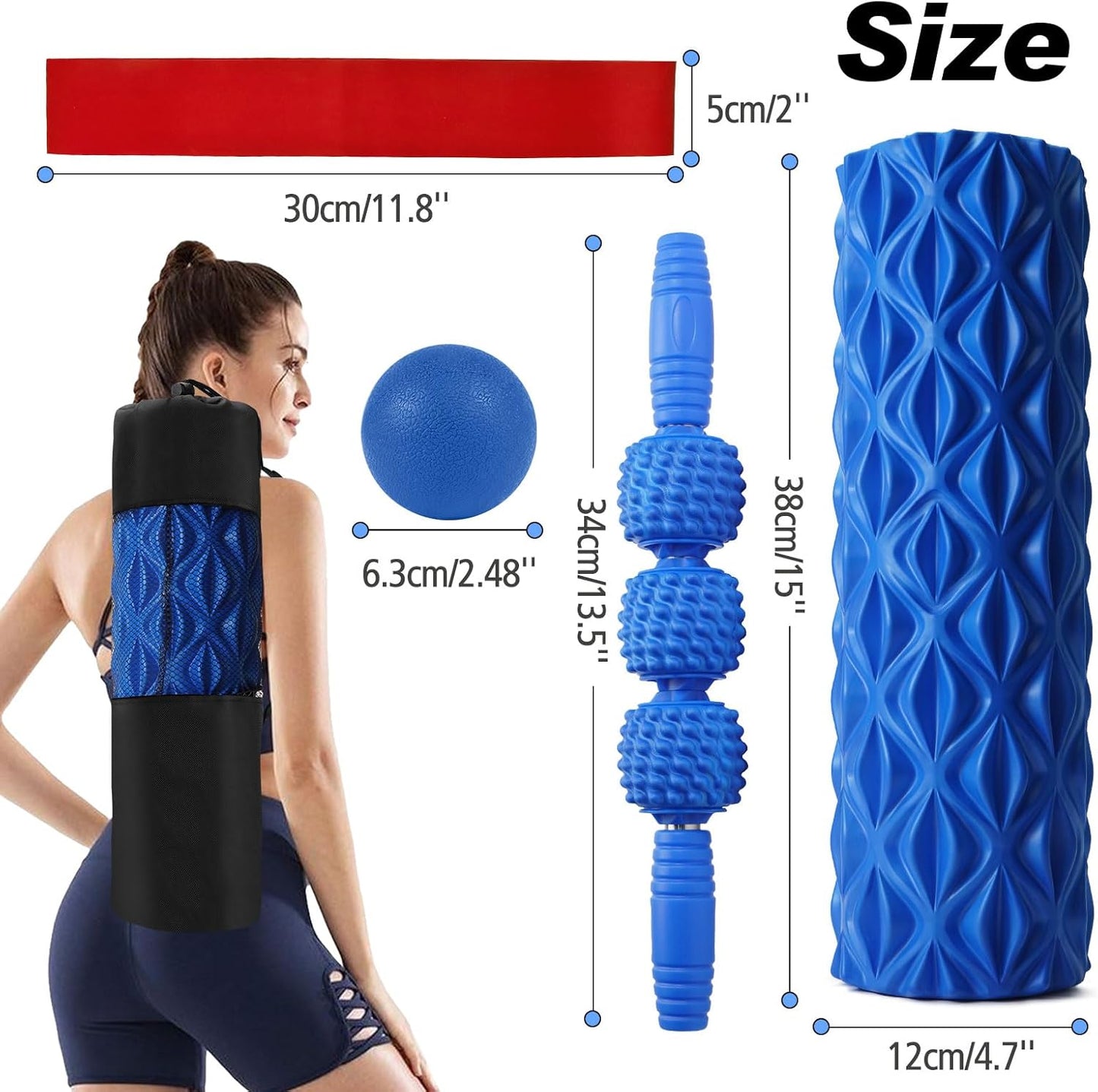 JOYENERGY 5 in 1 Foam Roller Set High Density Foam Roller Patented, Massage Stick, Massage Ball, Resistance Band for Deep Muscle Massage Pilates Yoga, Fitness for Trigger Point Release