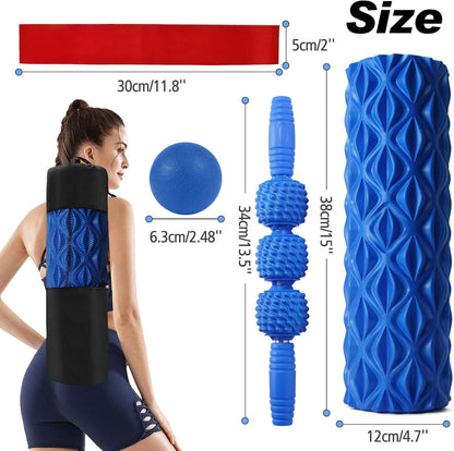 JOYENERGY 5 in 1 Foam Roller Set High Density Foam Roller Patented, Massage Stick, Massage Ball, Resistance Band for Deep Muscle Massage Pilates Yoga, Fitness for Trigger Point Release