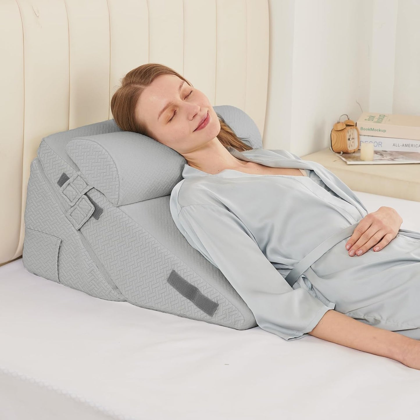 Sasttie Wedge Pillow Set for After Surgery, 2PCS Adjustable Bed Wedge Pillow Headboard with Memory Foam Neck Cushion – for Acid Reflux, Sleeping, Neck & Back Support, Dark Grey